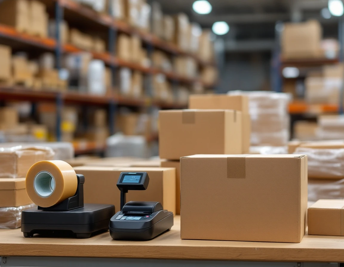 Warehouse packing station with cardboard boxes, tape dispensers, and thermal printing equipment for order fulfillment