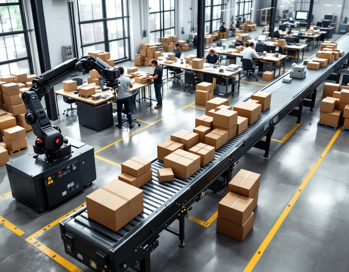 Automated conveyor systems and packing stations in a modern print-on-demand fulfillment warehouse