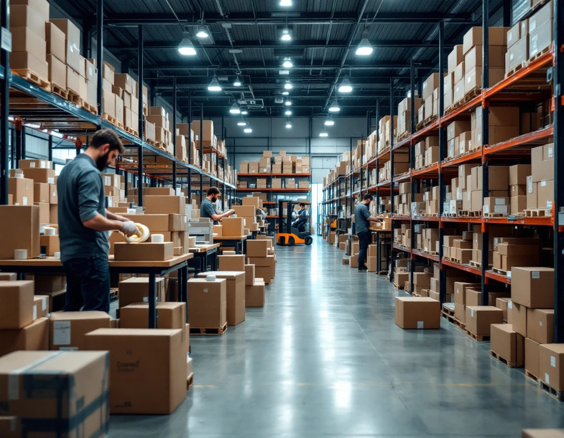 Warehouse workers sealing packages at packing stations with boxes and shipping supplies organized on shelving