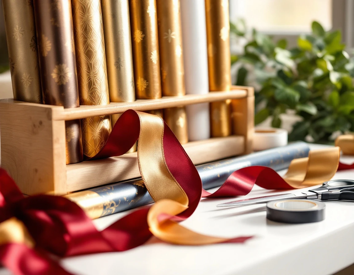 Professional gift wrapping materials including metallic paper, satin ribbons, and scissors on work surface