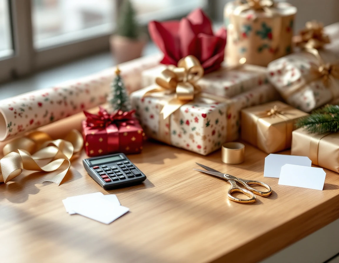 Gift wrapping supplies including ribbons, wrapping paper, and pricing materials arranged on workspace