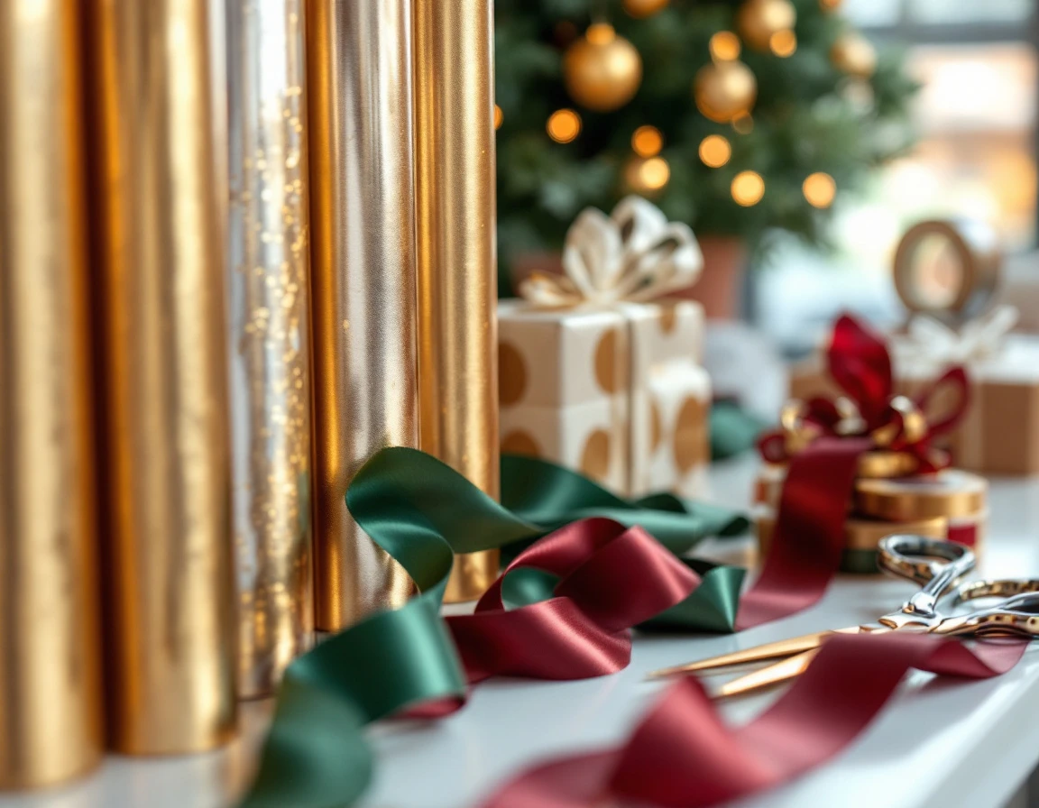 Premium gift wrapping materials including metallic paper rolls and satin ribbons on professional workspace