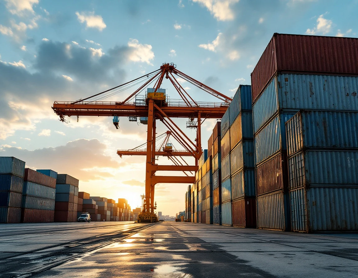 Shipping containers stacked at an international port terminal during golden hour with gantry crane infrastructure
