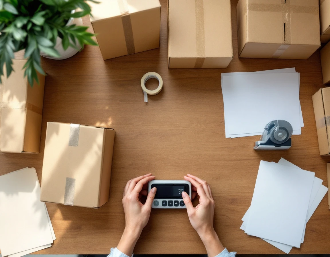 Overhead view of shipping workspace with blank boxes, scale, and packing supplies being prepared for international delivery