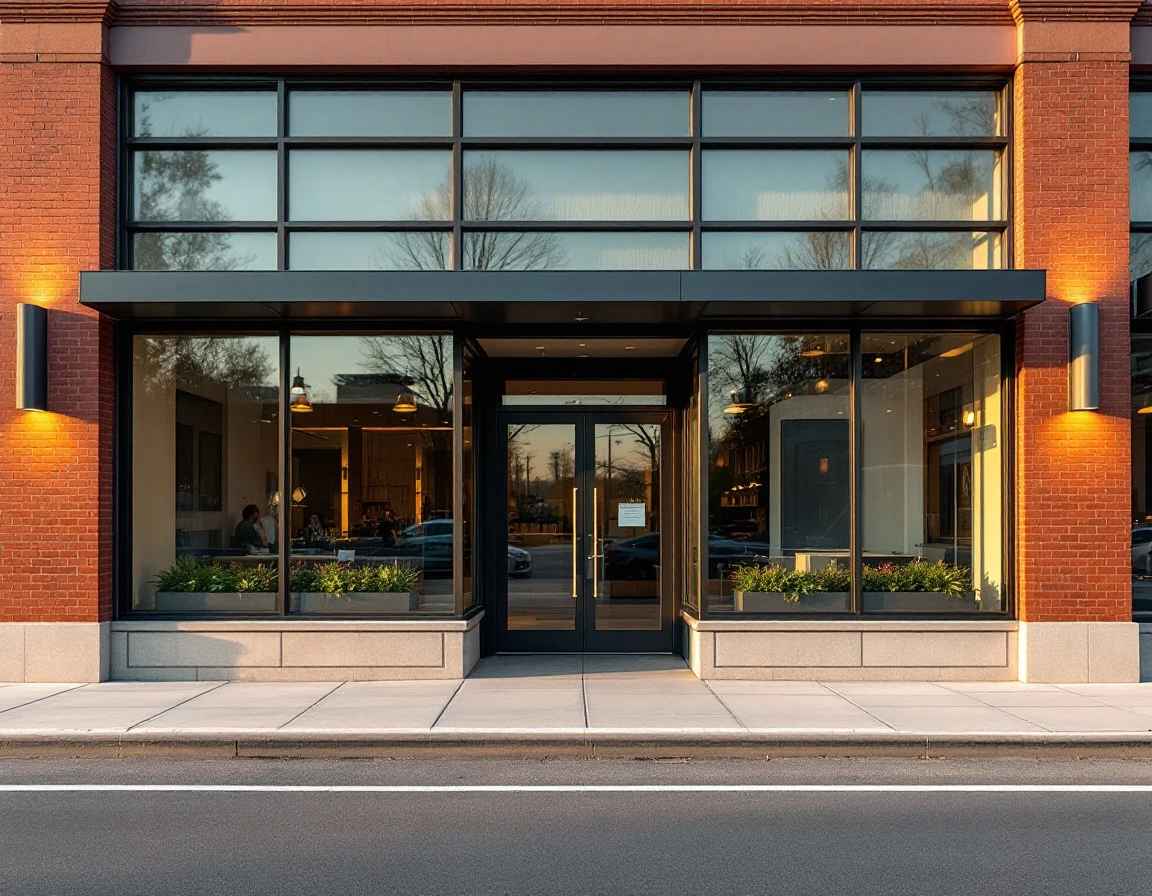 Modern brick commercial storefront with glass windows and professional architectural design