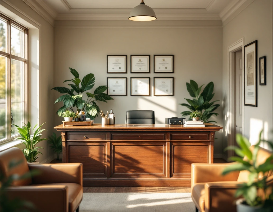 Professional notary office interior with service counter and organized workspace in natural lighting