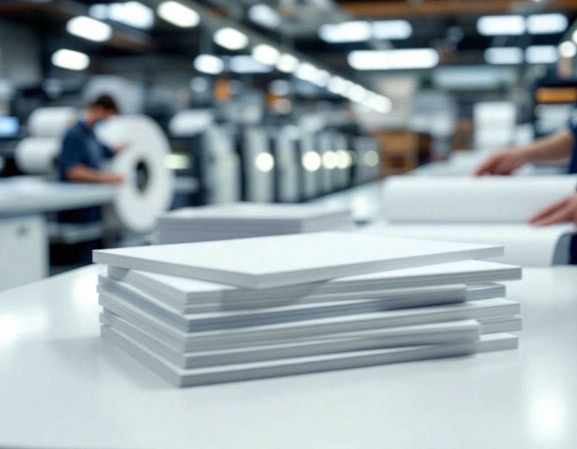 Stack of direct mail postcards and brochures with crisp edges on printing facility work surface
