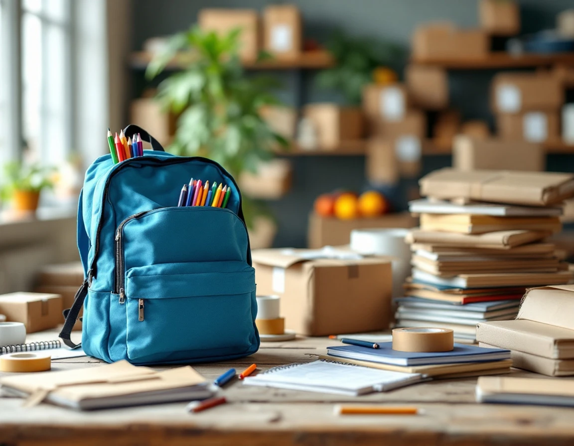 Back-to-school supplies and shipping materials arranged on a retail packing table with natural lighting