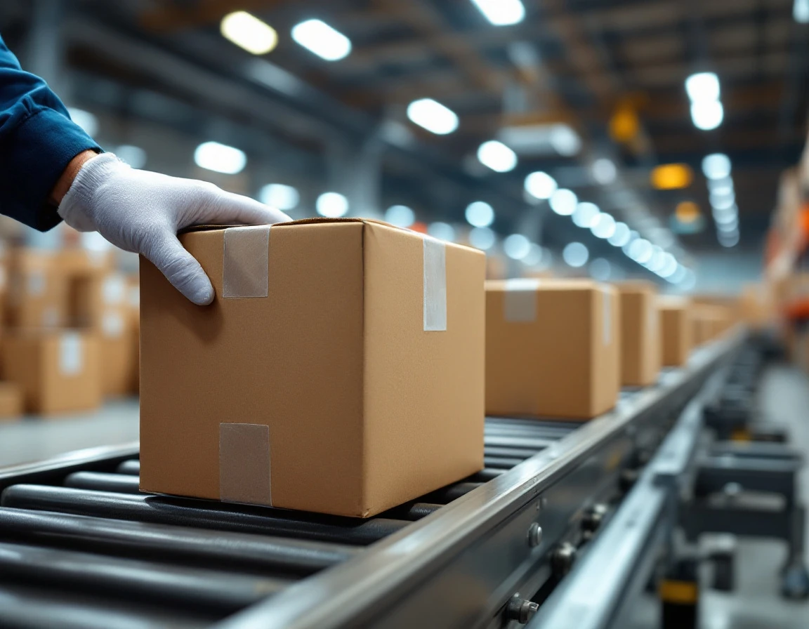 Cardboard packages moving through a fulfillment center conveyor system with warehouse worker's hand visible