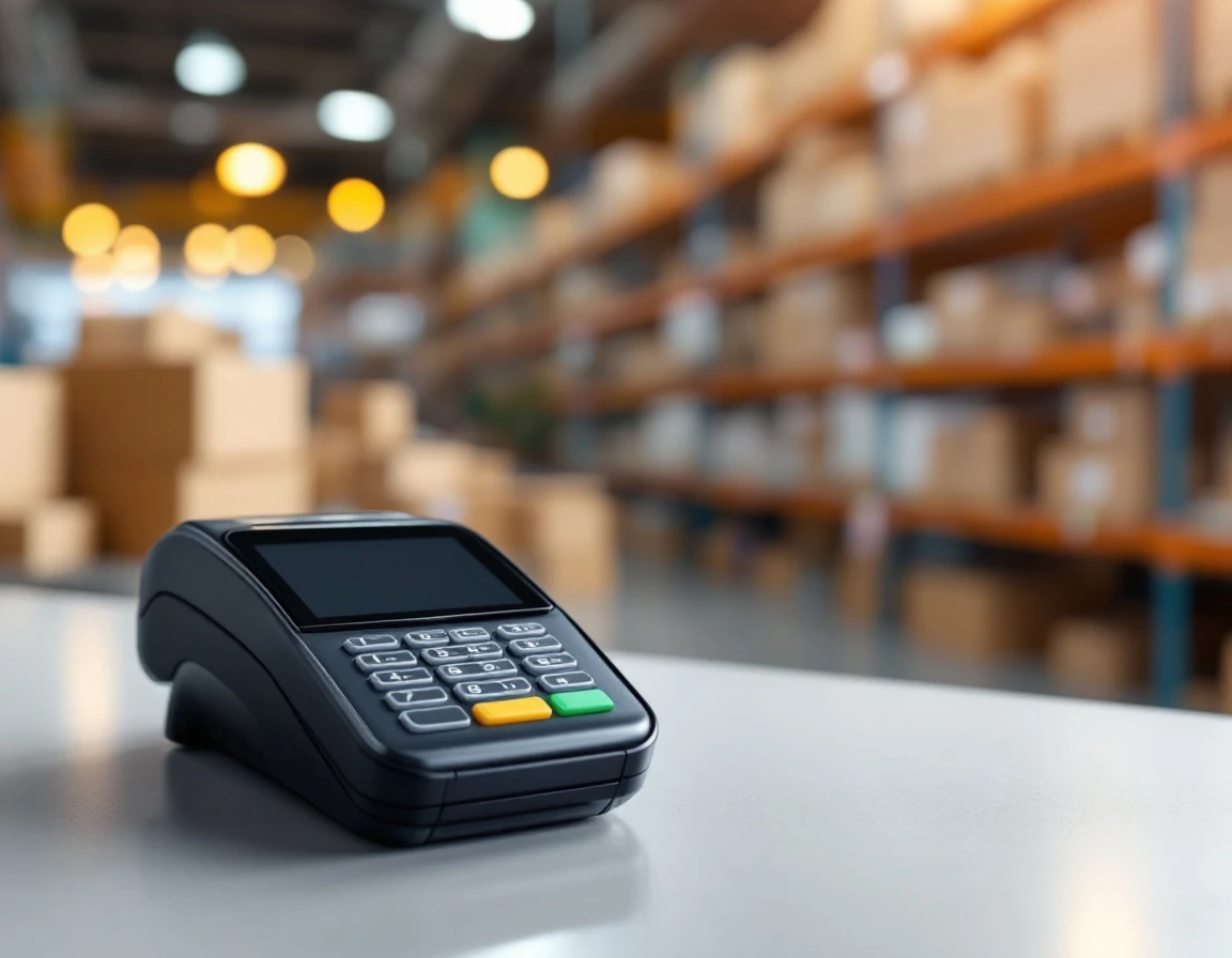 Card reader device on pack-and-ship retail counter with shipping boxes in warehouse background