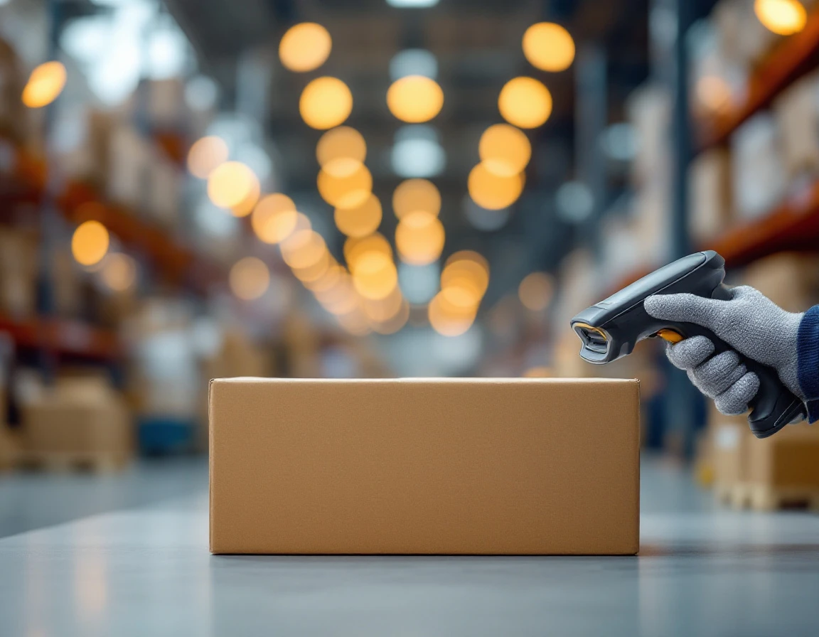 Barcode scanner device positioned over unmarked cardboard box in warehouse with bokeh lighting