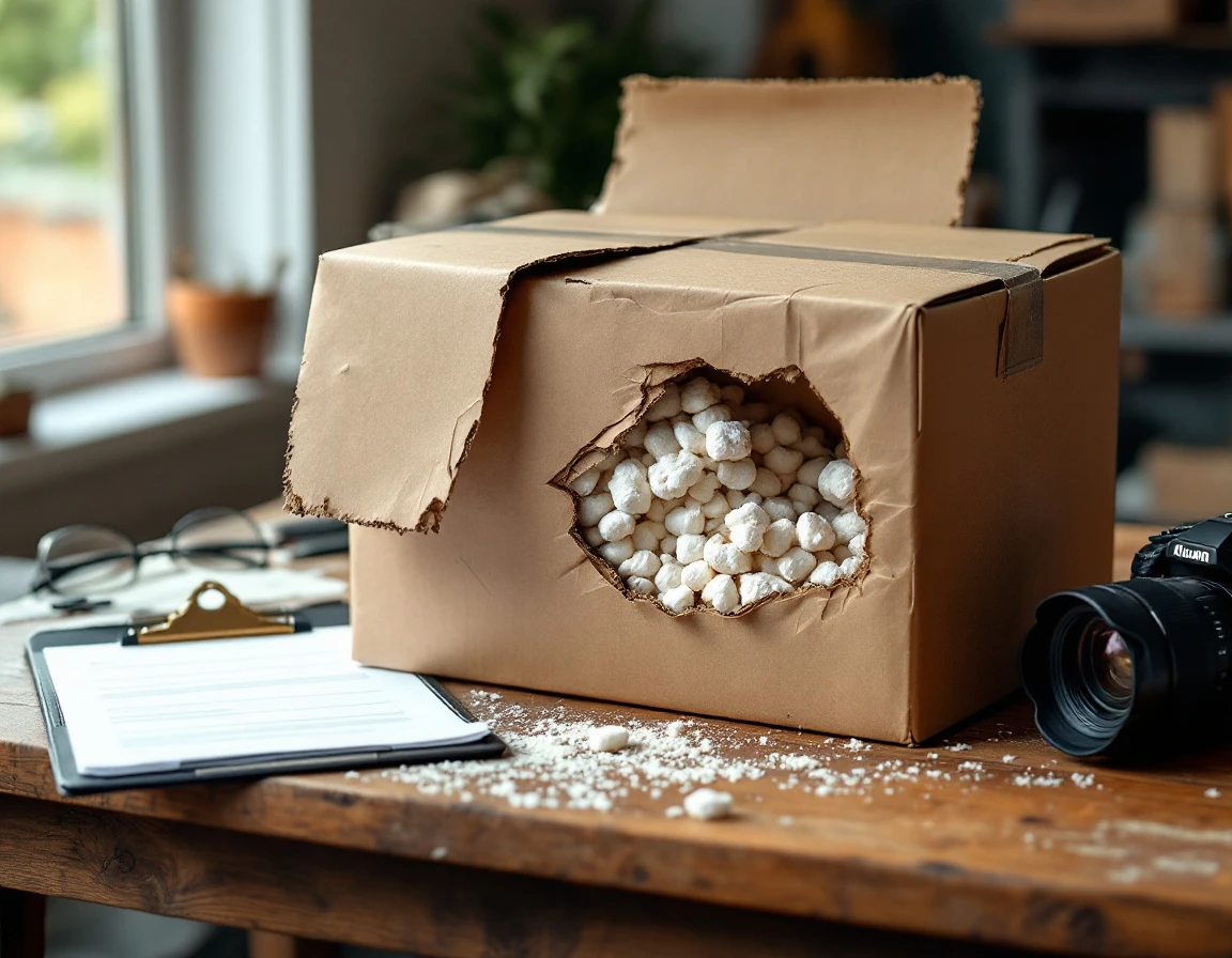 Damaged cardboard package with torn corners and exposed packing materials on wooden surface with camera