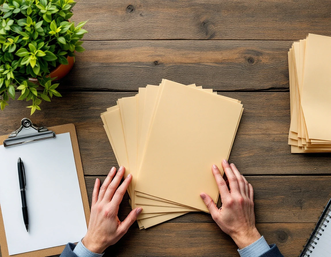 Desk with insurance claim folders and hands reviewing paperwork during claims filing process