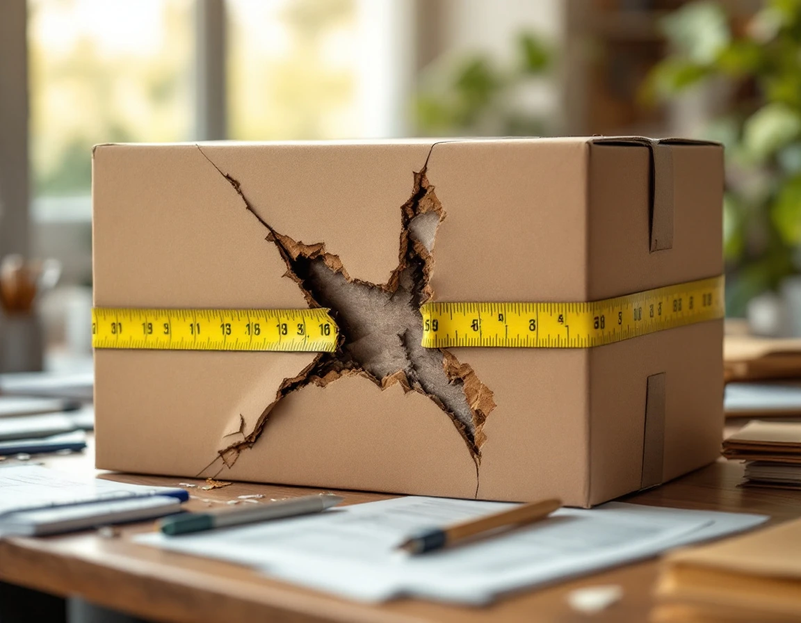 Damaged cardboard shipping box with measuring tape on desk documenting package damage for insurance claim