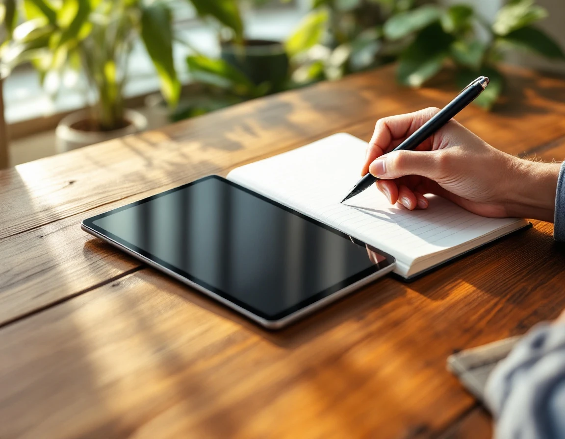 Hand holding pen over notebook on wooden desk with dark tablet, documenting customer service interaction details