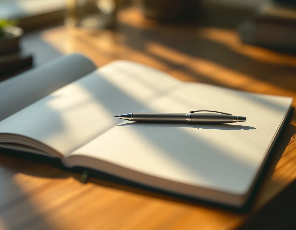 Blank notebook with pen on wooden desk in natural window light