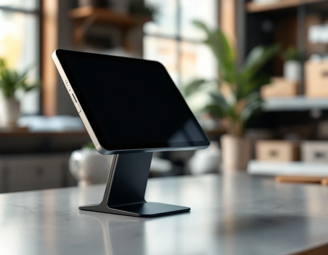 Tablet ePOS terminal mounted on counter stand in modern retail environment with warm natural lighting