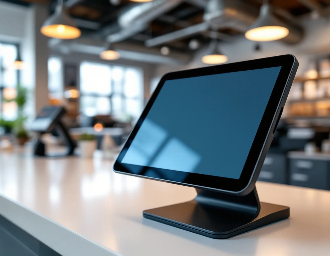 Tablet POS terminal on retail counter in modern print shop with equipment visible in background