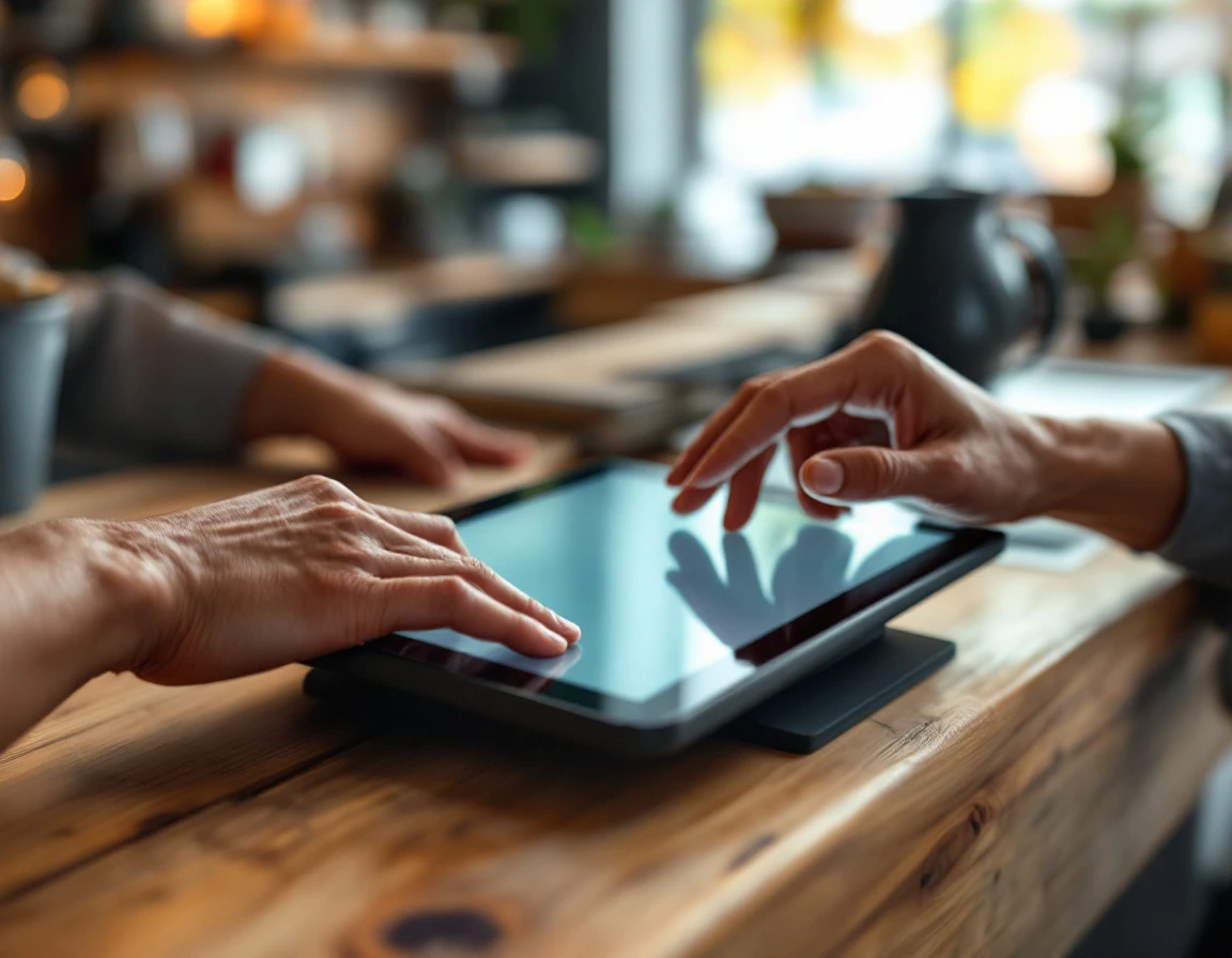 Retail employee using point-of-sale tablet on wooden counter with natural lighting