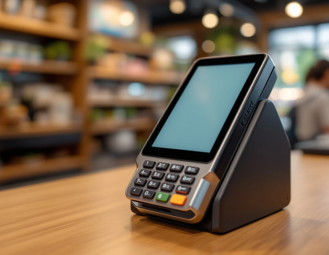 Modern payment terminal on retail counter with blank display and natural store lighting
