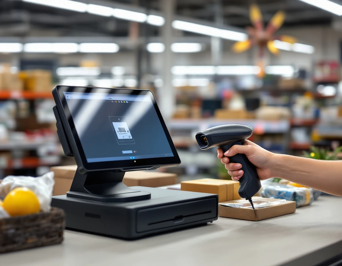 Barcode scanner and POS terminal on retail checkout counter during inventory stock audit