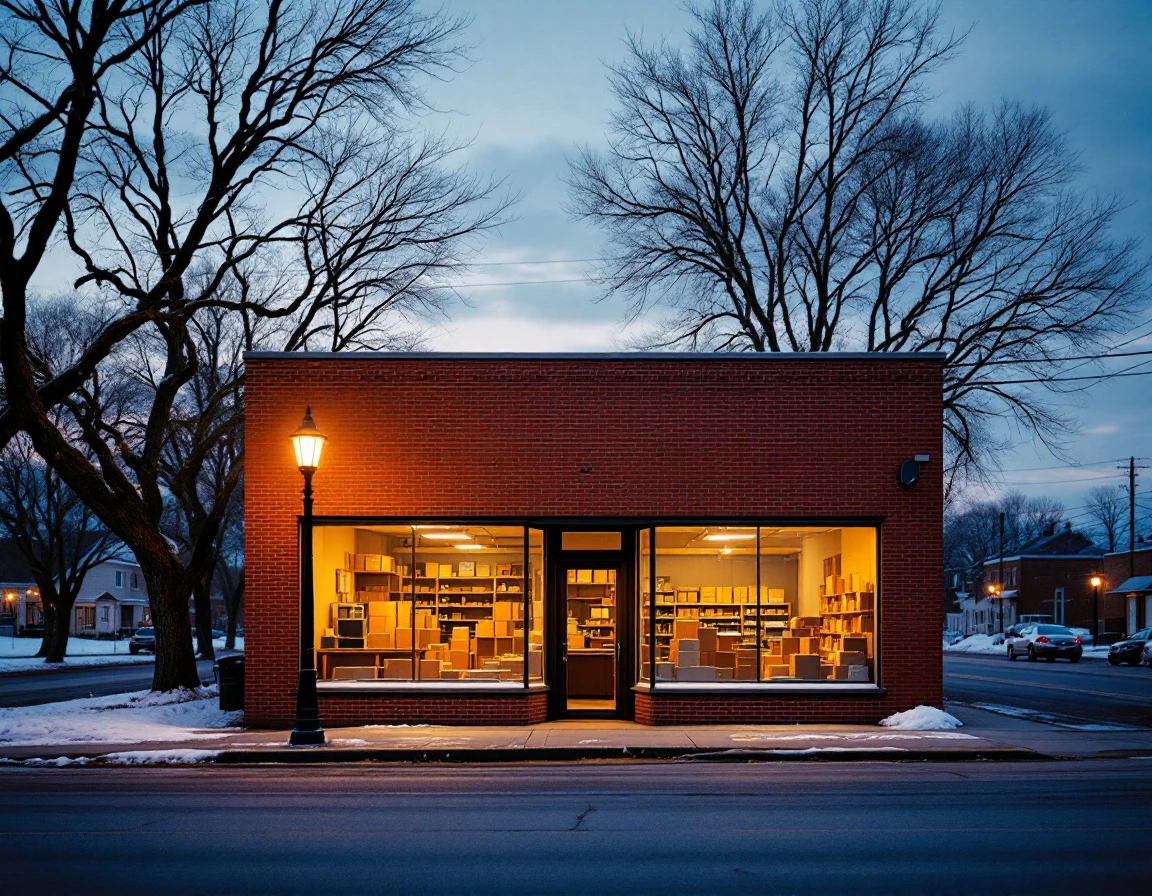 Red brick shipping store storefront at twilight with warm interior lighting and boxes visible through windows