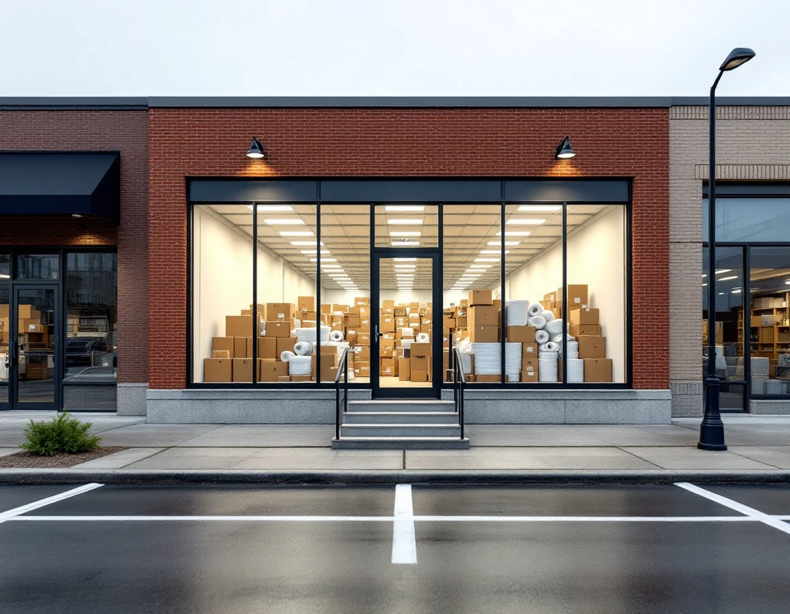 Brick commercial storefront with shipping boxes visible through large windows in suburban business district