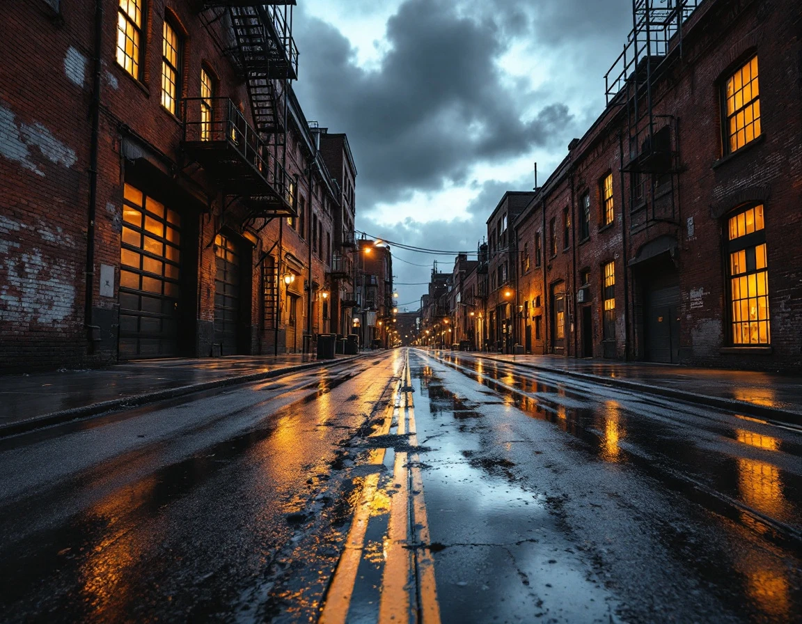 Industrial print district at dusk with wet streets reflecting warehouse lighting and dramatic overcast sky