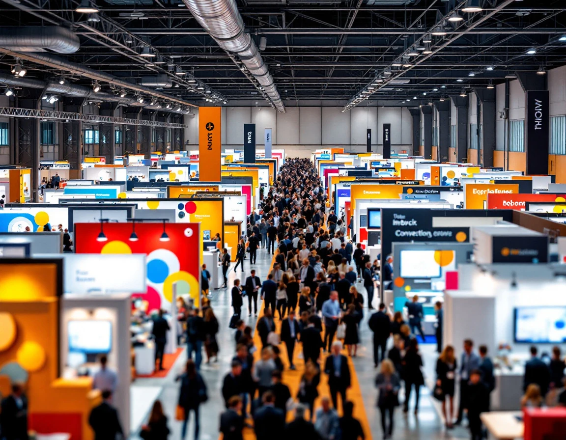 Trade show floor with attendees networking between colorful exhibition booths under industrial lighting