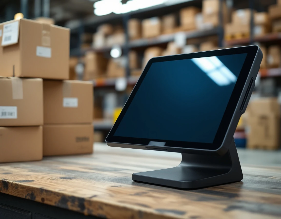 Point-of-sale terminal on warehouse counter with shipping boxes in authentic retail environment