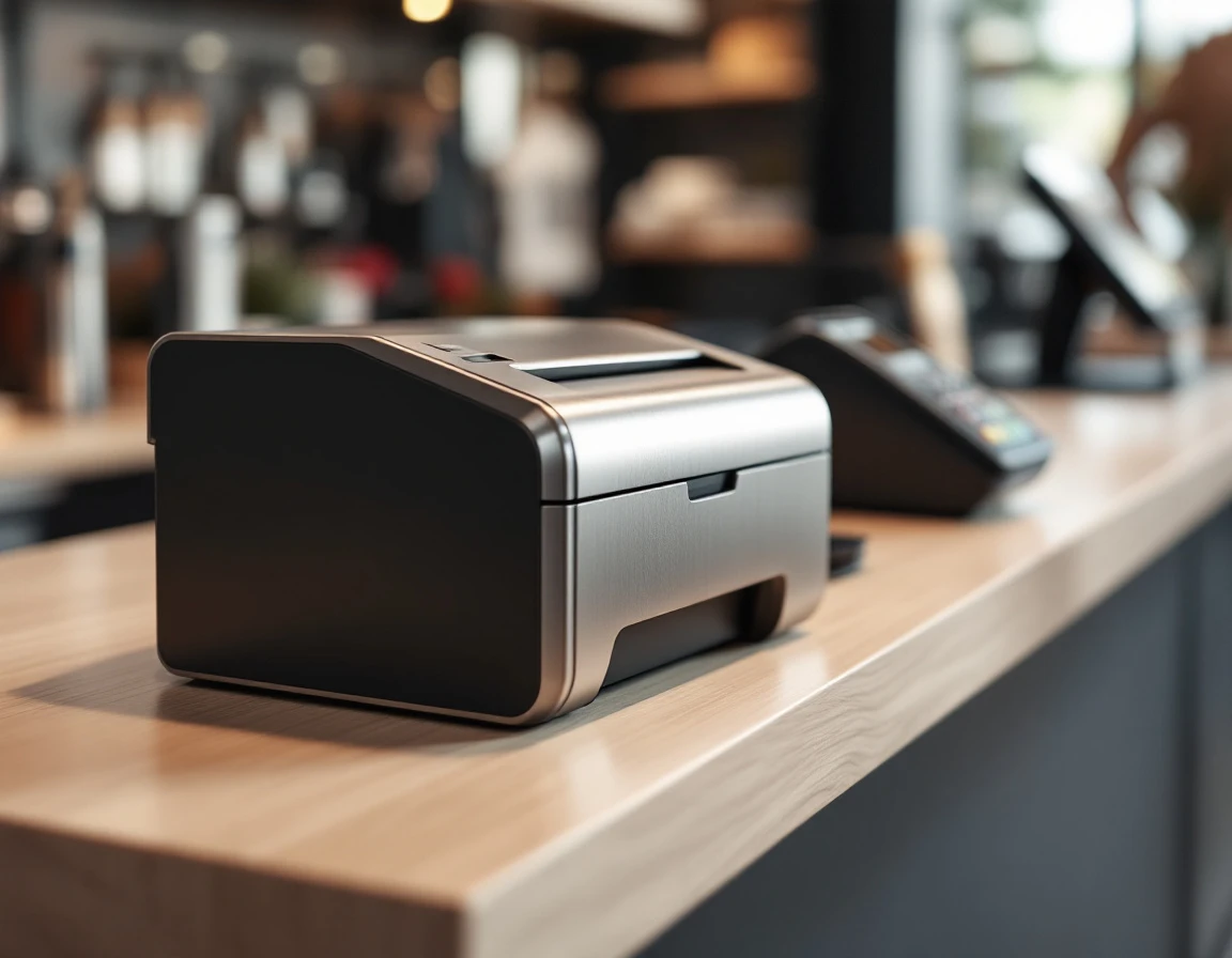 Point-of-sale printer and payment terminal on retail counter with natural lighting and shallow depth of field