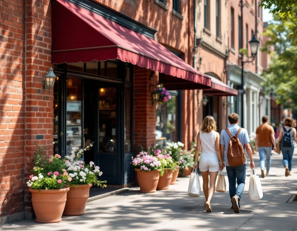 Brick retail storefront with canvas awning and flower planters attracting summer shoppers on sidewalk