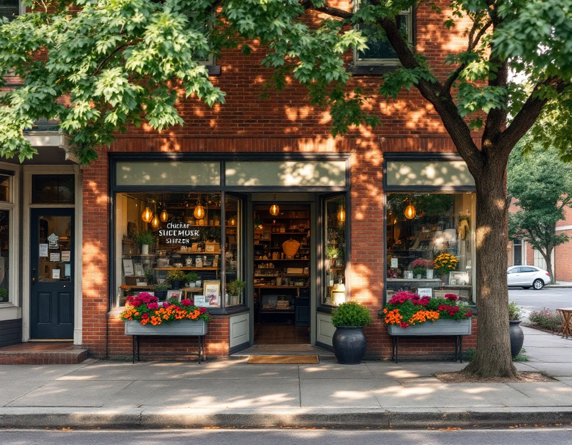 Small retail storefront with flower boxes on quiet neighborhood street with dappled afternoon shade