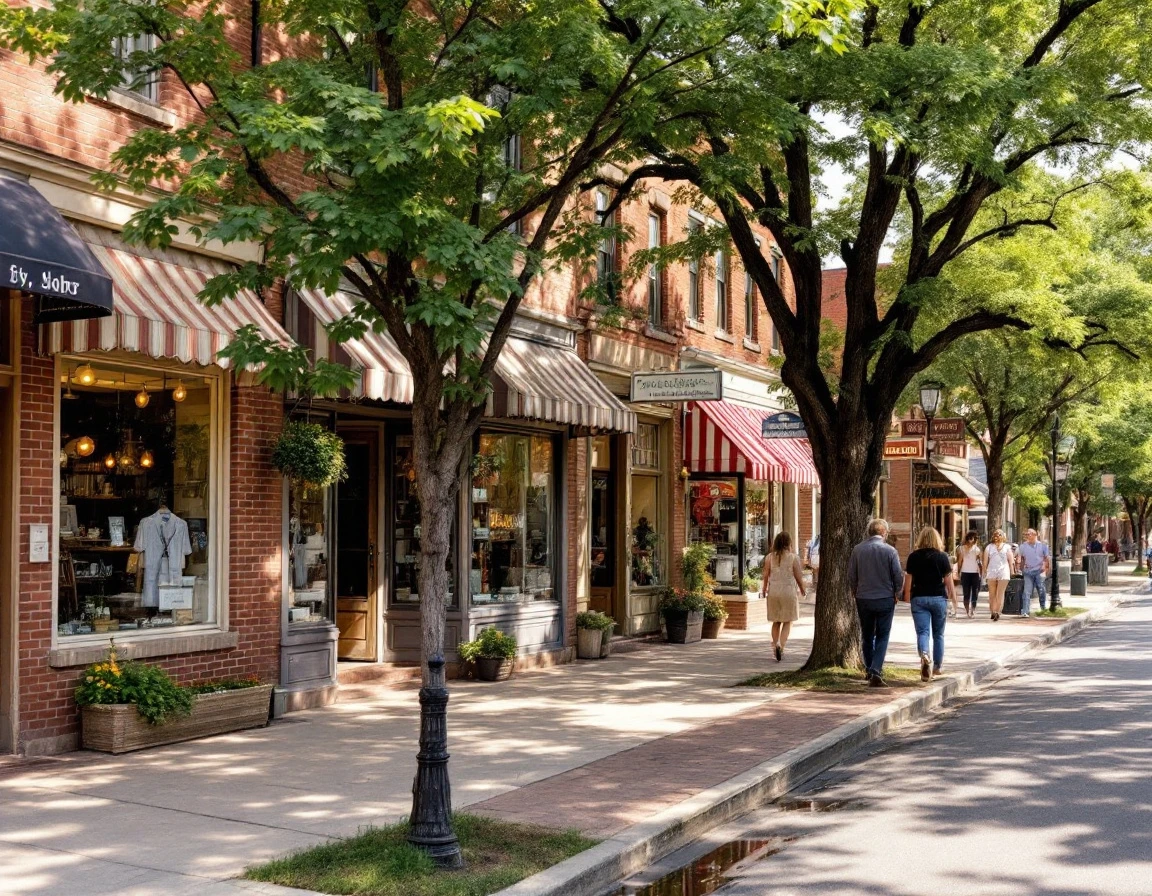 Tree-lined main street with independent retail shops and pedestrians on a summer afternoon