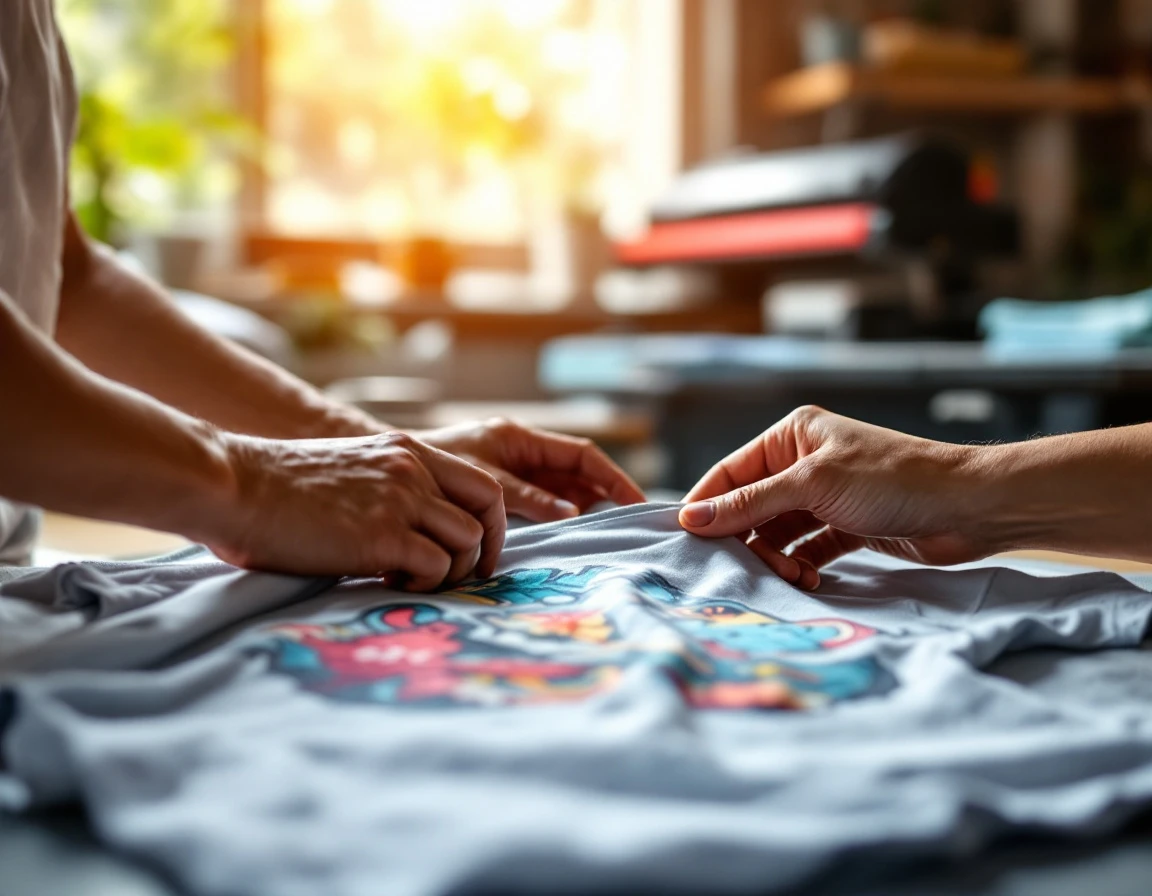 Hands inspecting custom-printed t-shirt quality in print shop with natural lighting