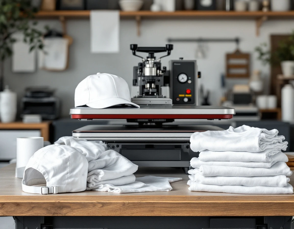 Heat press machine with white t-shirts and baseball caps in professional apparel printing workspace