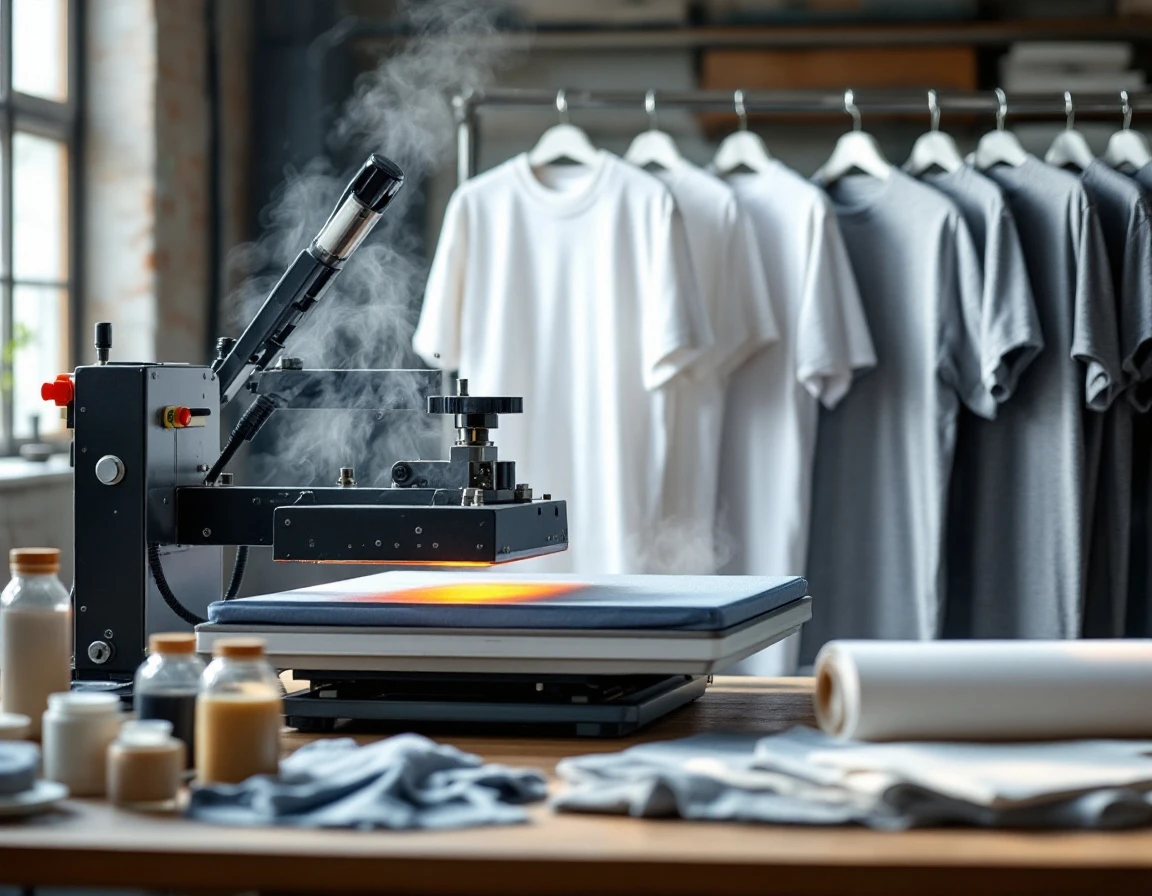 Heat press machine and textile printing materials on workshop table with natural window lighting