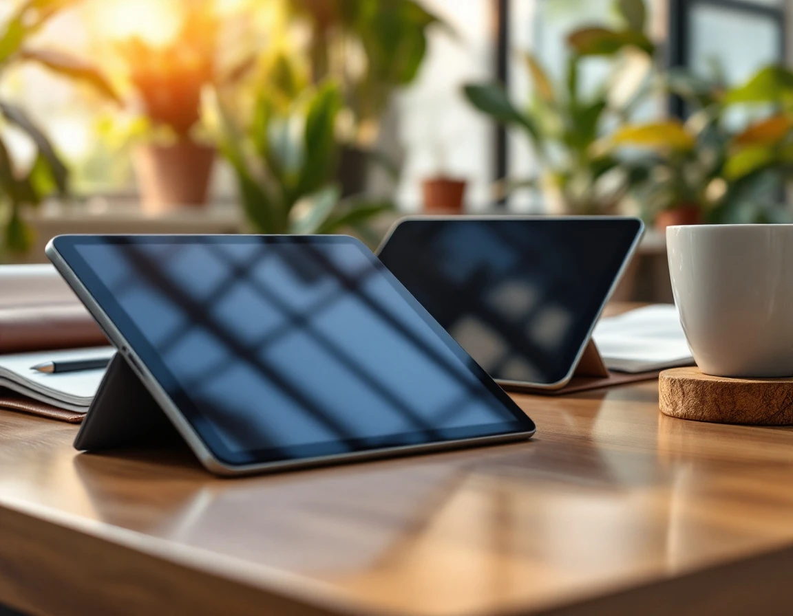 Modern tablet and business materials on wooden desk in naturally lit office workspace