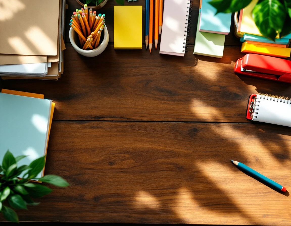 Organized desk with school supplies including notebooks, pencils, and paper arranged for back-to-school preparation