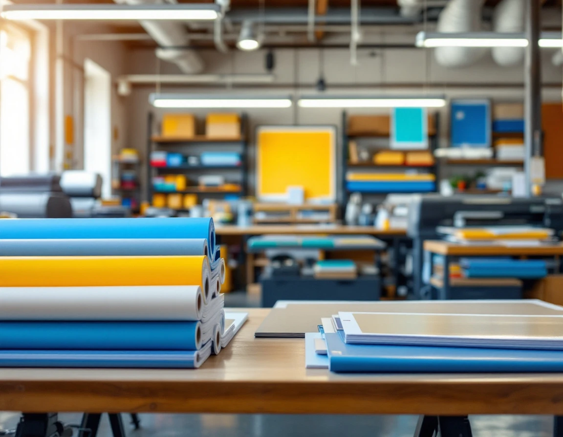 Print shop workstation with colorful banner materials and large format printer during back-to-school production season