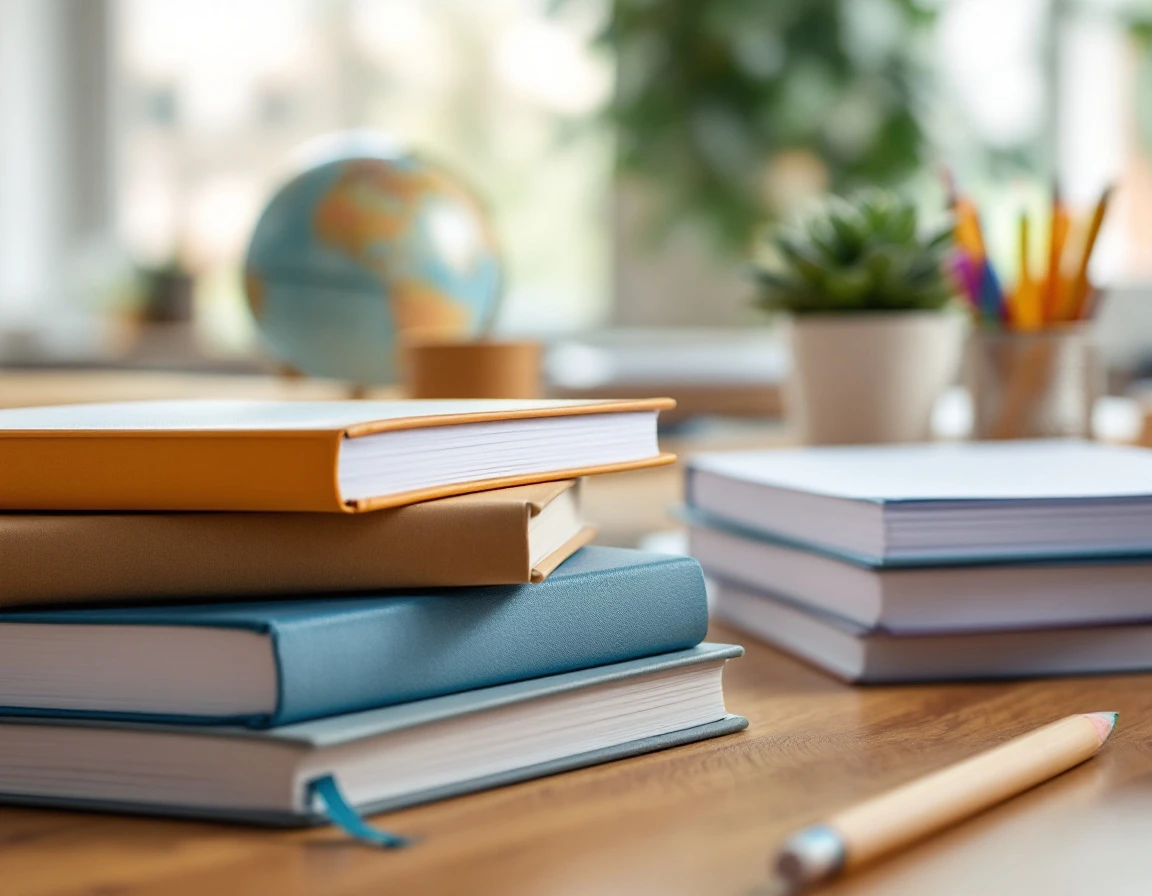 Organized stack of textbooks and school supplies on teacher's desk with natural classroom lighting