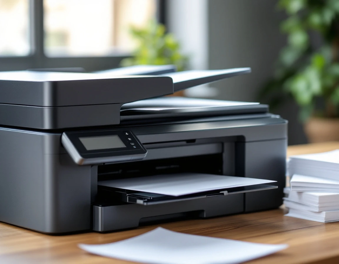 Modern office scanner with document stacks on desk showing secure healthcare record management workflow