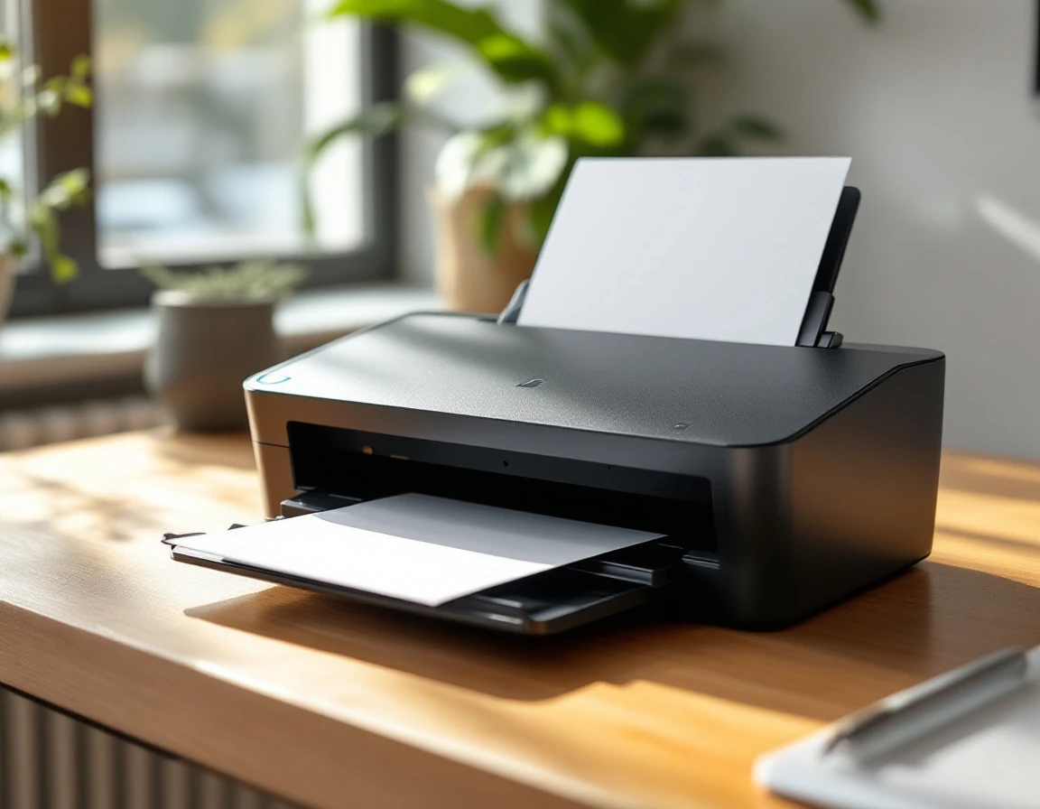 Desktop scanner processing patient documents with secure output tray on wooden office desk