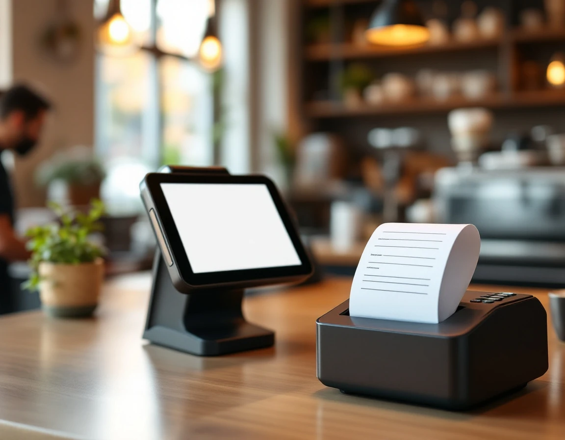 Modern POS terminal with receipt printer on retail counter in cafe environment