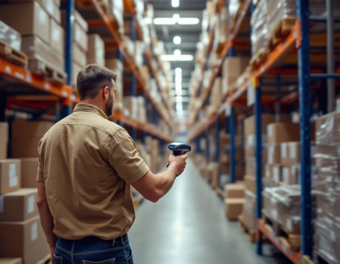 Warehouse worker using handheld barcode scanner to check inventory on shelving units in retail fulfillment center