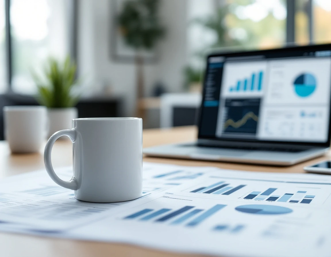 Office desk with coffee mug and blurred analytics reports for retail business operations