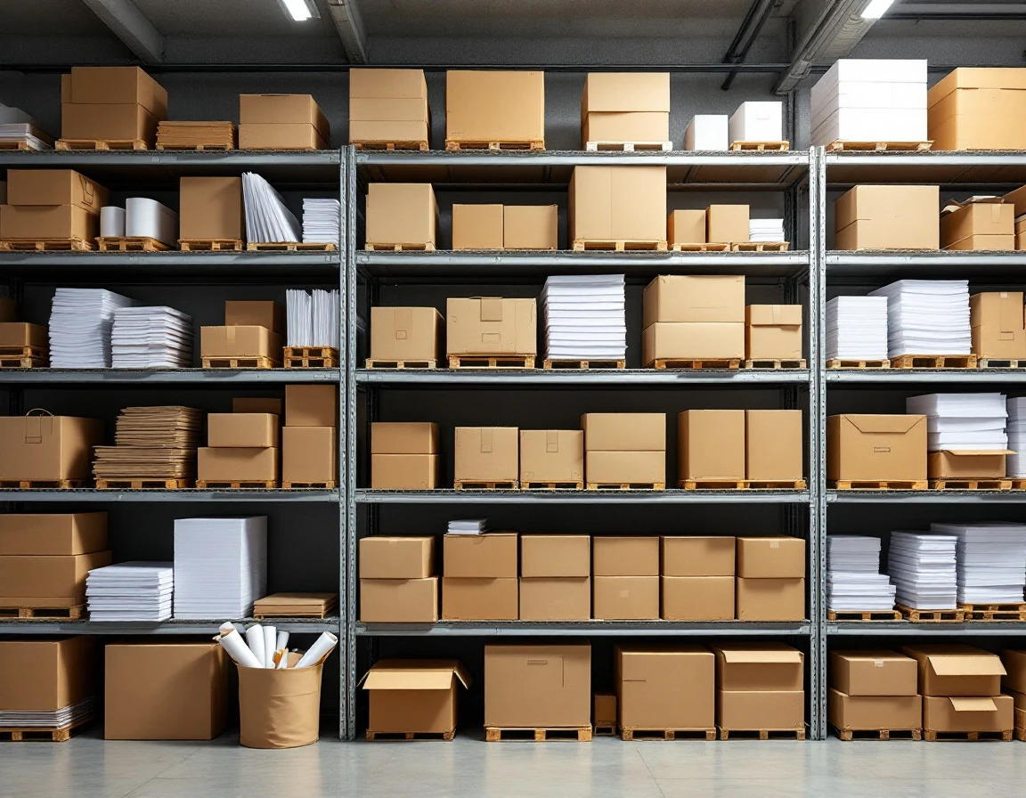 Shelves stocked with paper reams and printing supplies in organized warehouse storage