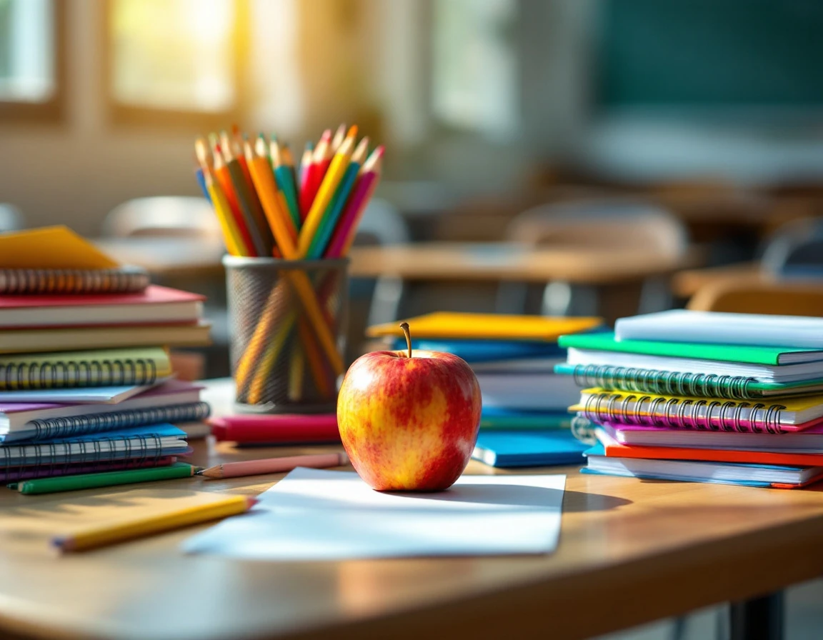 Colorful back-to-school supplies and materials arranged on classroom desk with natural lighting