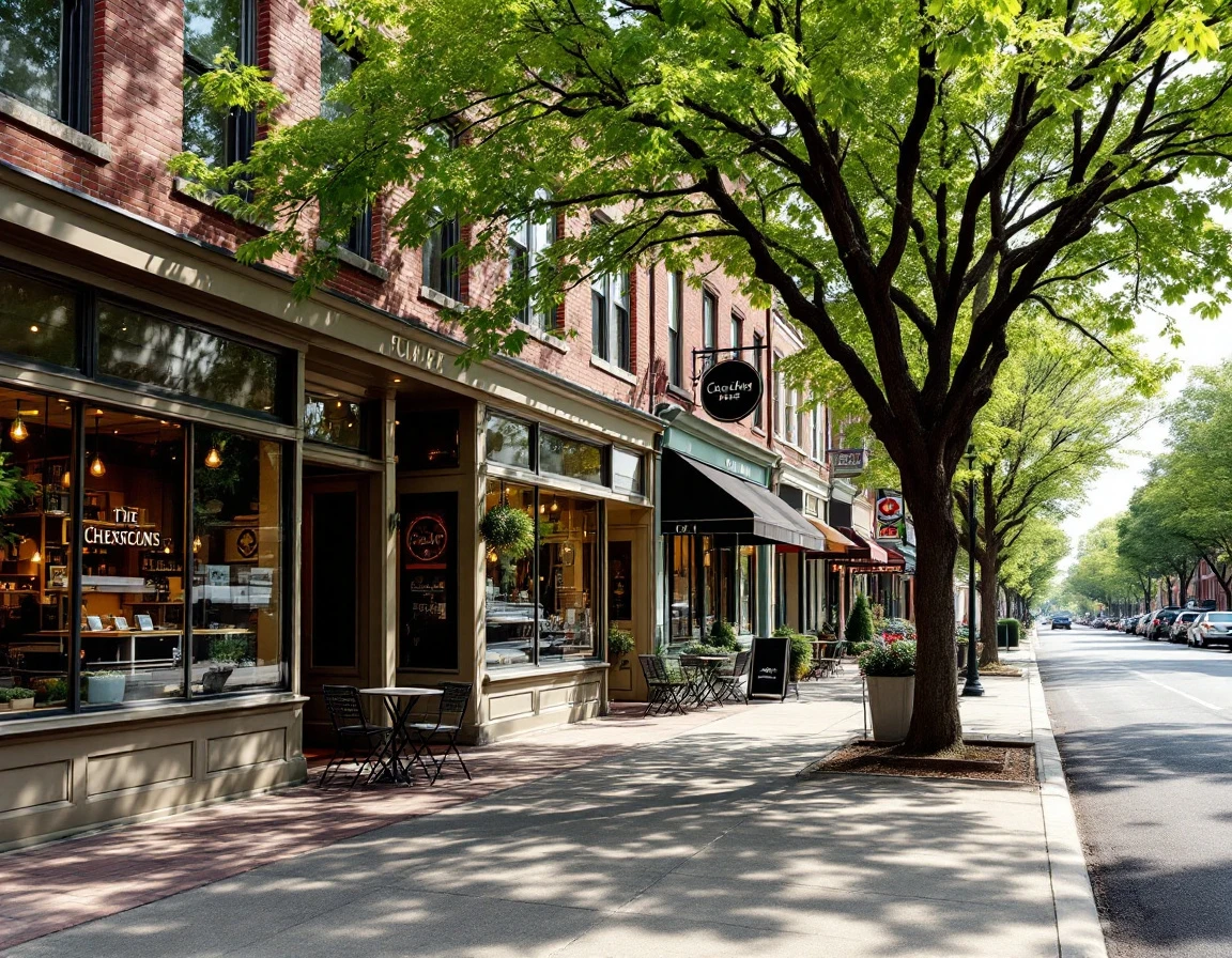Tree-lined small business district street with independent storefronts on a spring afternoon