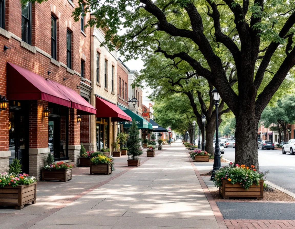 Small-town main street with brick storefronts and tree-lined sidewalk typical of independent retail districts
